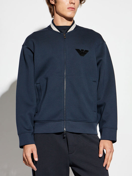 Armani Double-jersey zip-up sweatshirt with bomber jacket collar and eagle patch