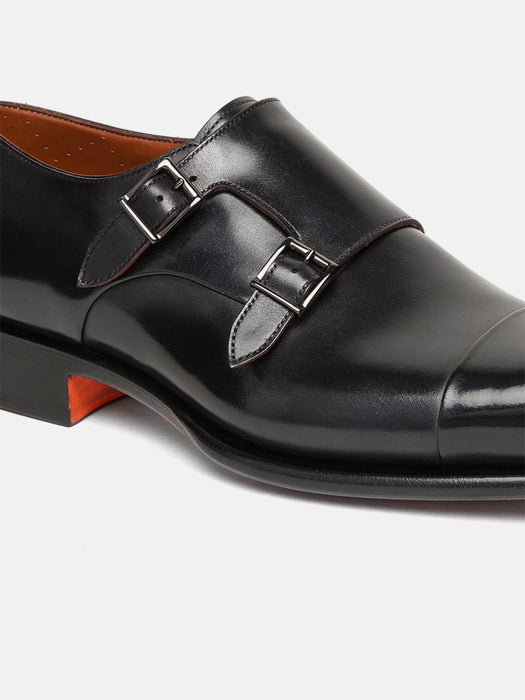 Santoni Polished Black Leather Double Monk