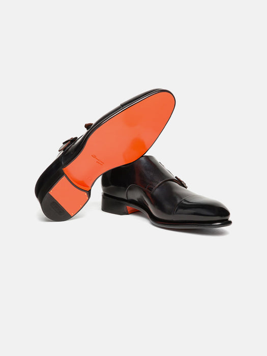 Santoni Polished Black Leather Double Monk