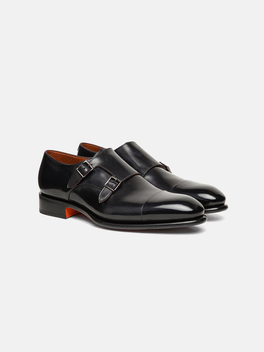 Santoni Polished Black Leather Double Monk
