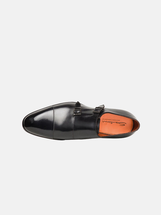 Santoni Polished Black Leather Double Monk