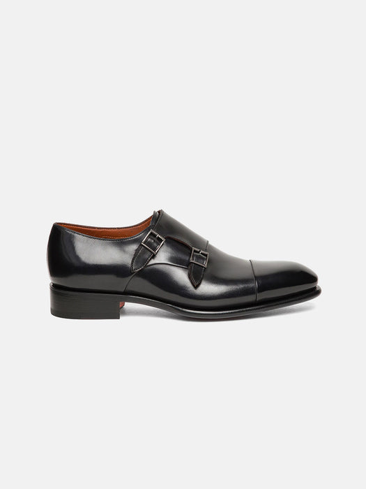 Santoni Polished Black Leather Double Monk