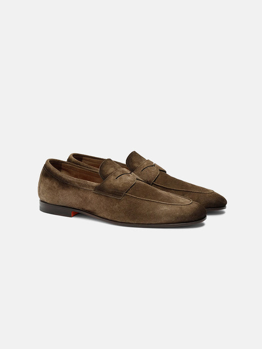 Santoni Brown Suede Penny Loafer