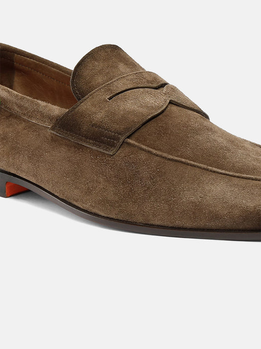 Santoni Brown Suede Penny Loafer