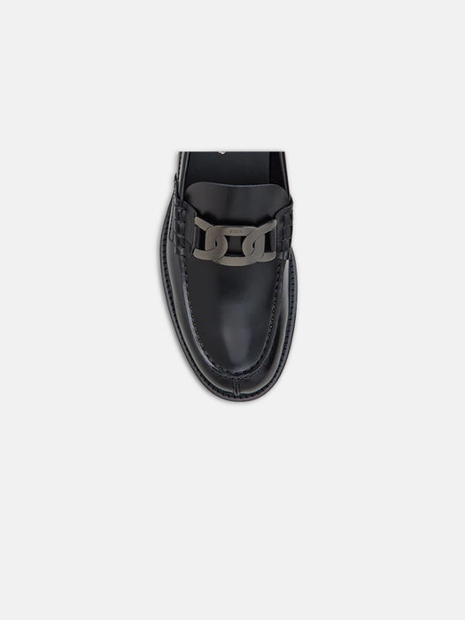 Tods Black Leather Loafers with chain accessory