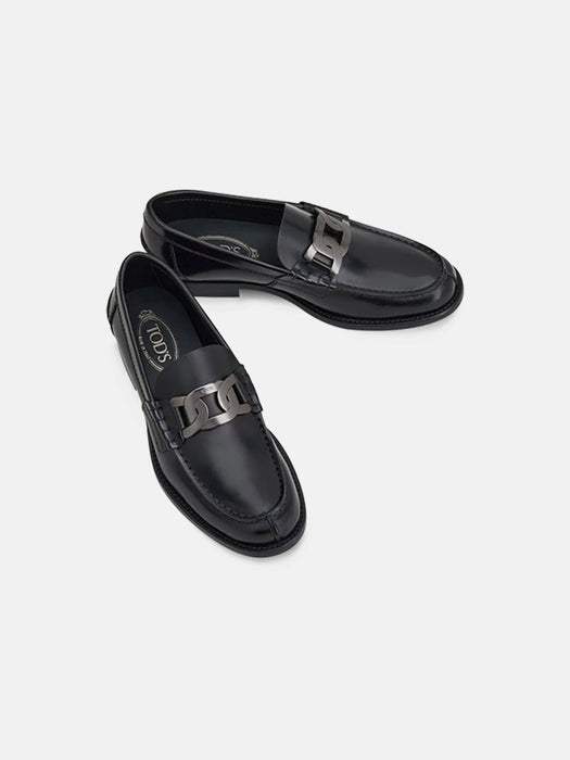 Tods Black Leather Loafers with chain accessory